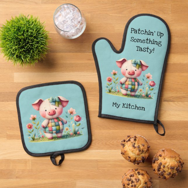 Whimsical Patchwork Pig in Floral Garden Oven Mitt & Pot Holder Set (Top Down)