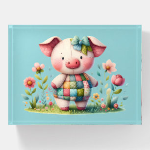 Whimsical Patchwork Pig in Floral Garden Paperweight
