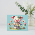 Whimsical Patchwork Pig in Floral Garden Postcard