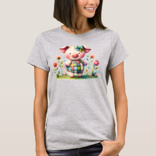 Whimsical Patchwork Pig in Floral Garden T-Shirt