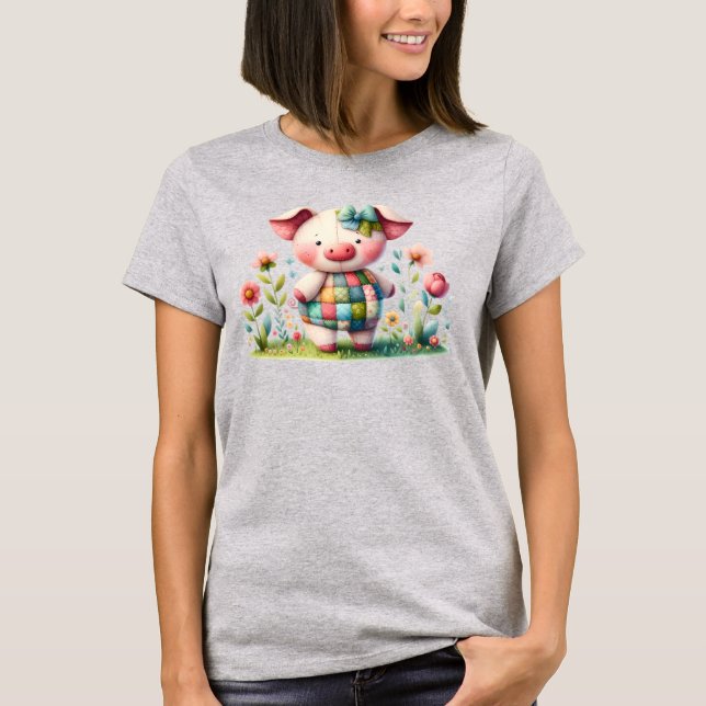 Whimsical Patchwork Pig in Floral Garden T-Shirt (Front)