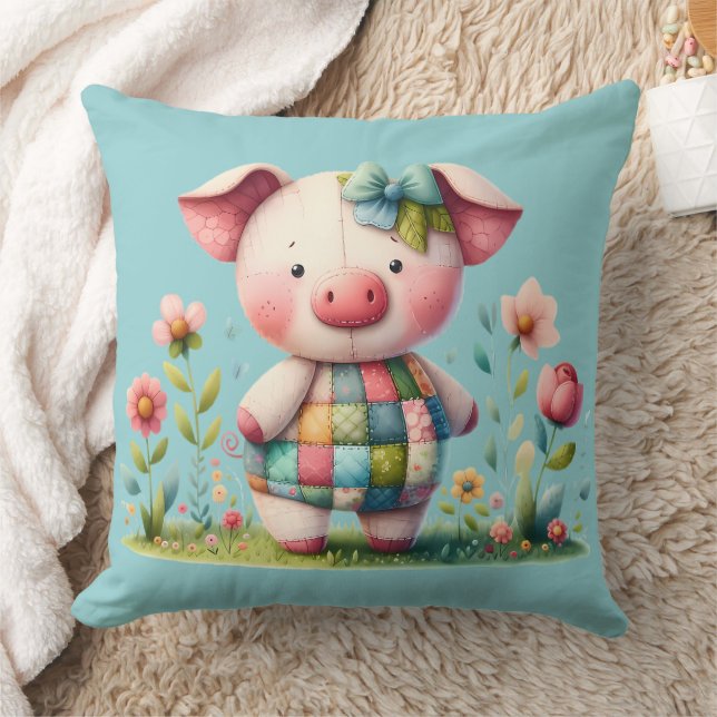 Whimsical Patchwork Pig in Floral Garden Throw Pillow (Blanket)