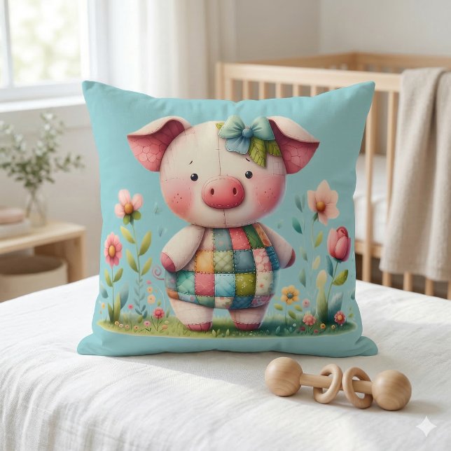 Whimsical Patchwork Pig in Floral Garden Throw Pillow (Whimsical Patchwork Pig in Floral Garden Throw Pillow Mockup A)