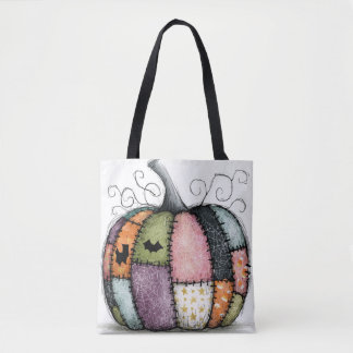 Whimsical Patchwork Pumpkin White Halloween Tote Bag