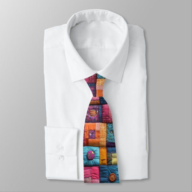 Whimsical Patchwork Quilt Pattern: Colorful Design Neck Tie (Tied)