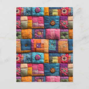 Whimsical Patchwork Quilt Pattern: Colorful Design Postcard