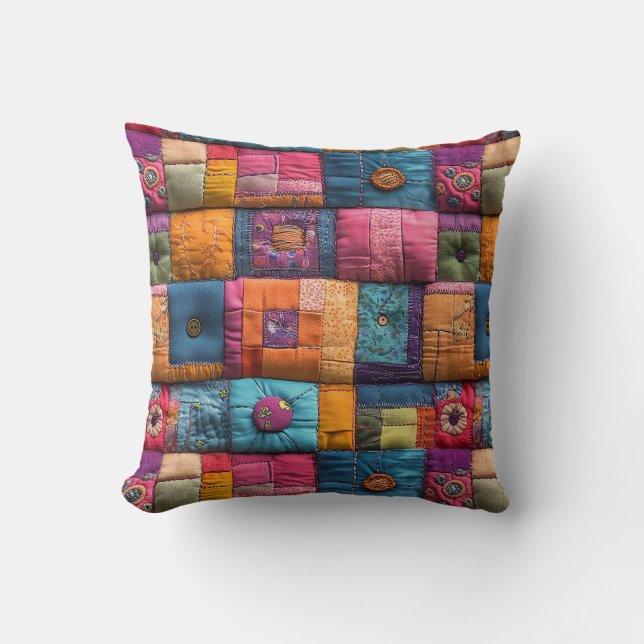 Whimsical Patchwork Quilt Pattern: Colorful Design Throw Pillow (Front)