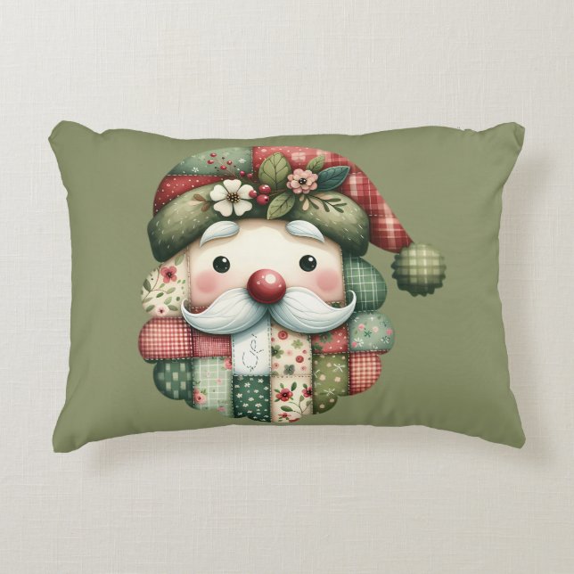 Whimsical Patchwork Santa Folk Christmas Accent Pillow (Front)