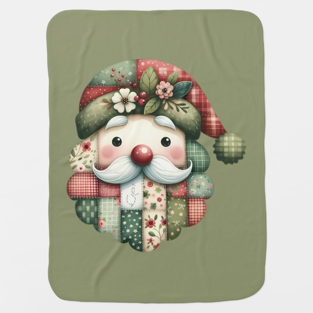 Whimsical Patchwork Santa Folk Christmas Baby Blanket (Front)