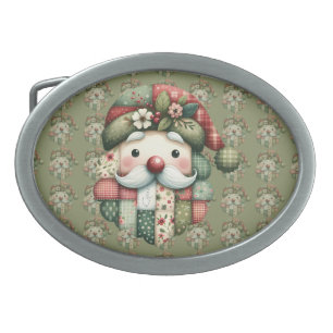 Whimsical Patchwork Santa Folk Christmas Belt Buckle