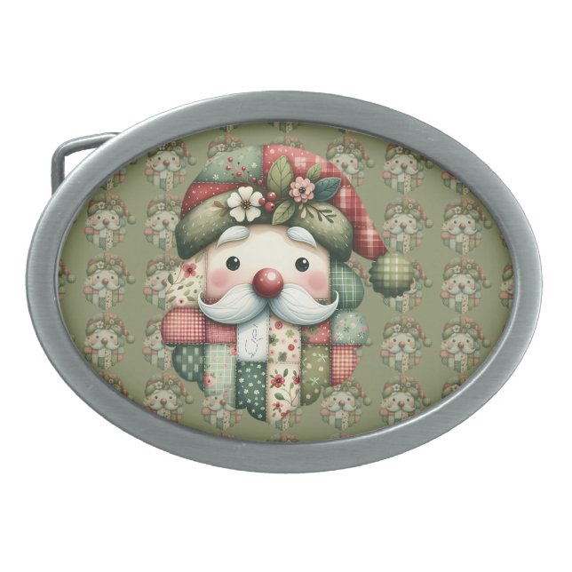 Whimsical Patchwork Santa Folk Christmas Belt Buckle (Front)