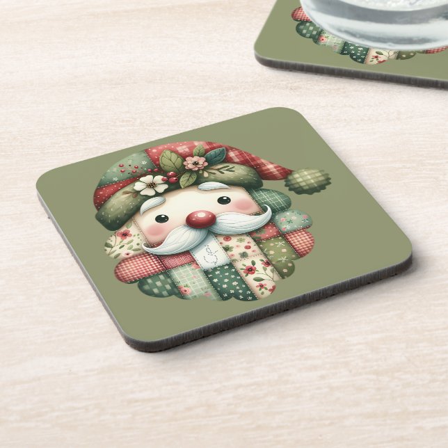 Whimsical Patchwork Santa Folk Christmas Beverage Coaster (Left Side)
