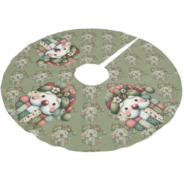 Whimsical Patchwork Santa Folk Christmas Brushed Polyester Tree Skirt (Angled)