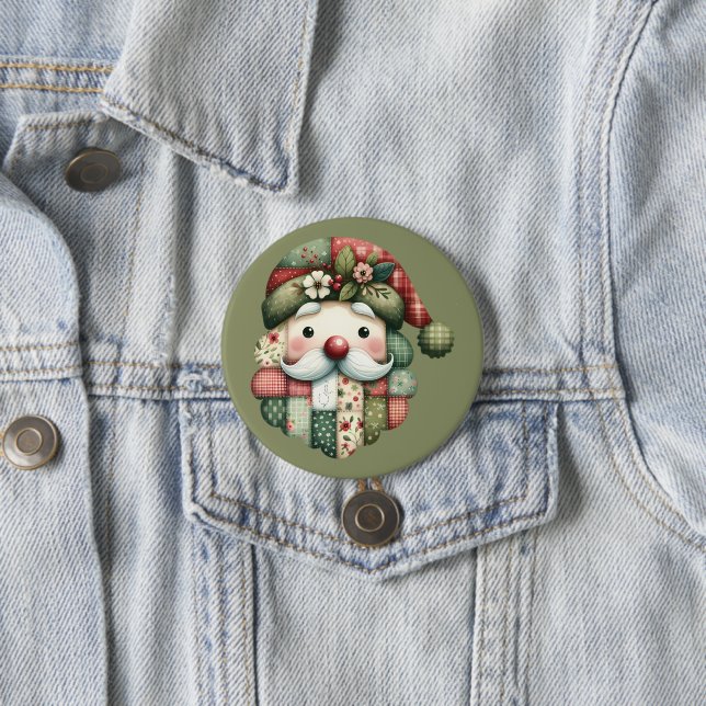 Whimsical Patchwork Santa Folk Christmas Button (In Situ)