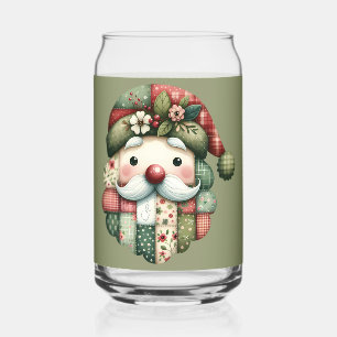 Whimsical Patchwork Santa Folk Christmas Can Glass