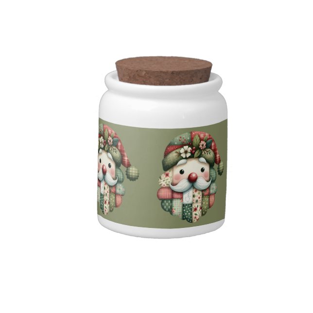 Whimsical Patchwork Santa Folk Christmas Candy Jar (Left)