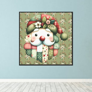 Whimsical Patchwork Santa Folk Christmas Canvas Print