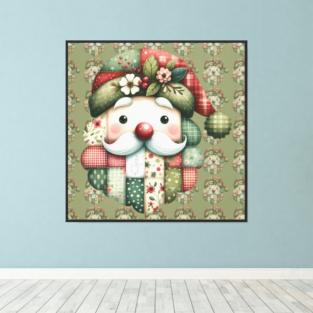 Whimsical Patchwork Santa Folk Christmas Canvas Print (Insitu(Wood Floor))