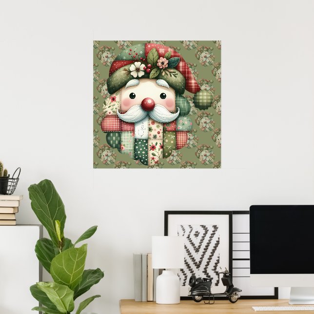 Whimsical Patchwork Santa Folk Christmas Card Poster (Home Office)