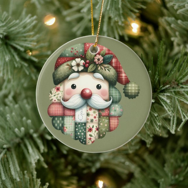 Whimsical Patchwork Santa Folk Christmas Ceramic Ornament (Tree)