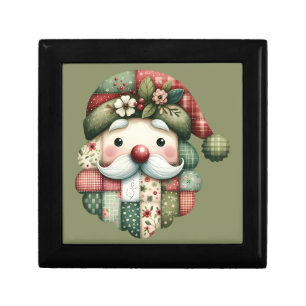 Whimsical Patchwork Santa Folk Christmas Gift Box