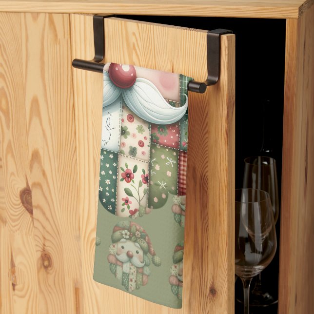 Whimsical Patchwork Santa Folk Christmas Kitchen Towel (Thirds Fold)