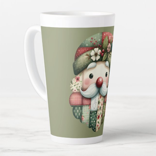 Whimsical Patchwork Santa Folk Christmas Latte Mug (Left Angle)