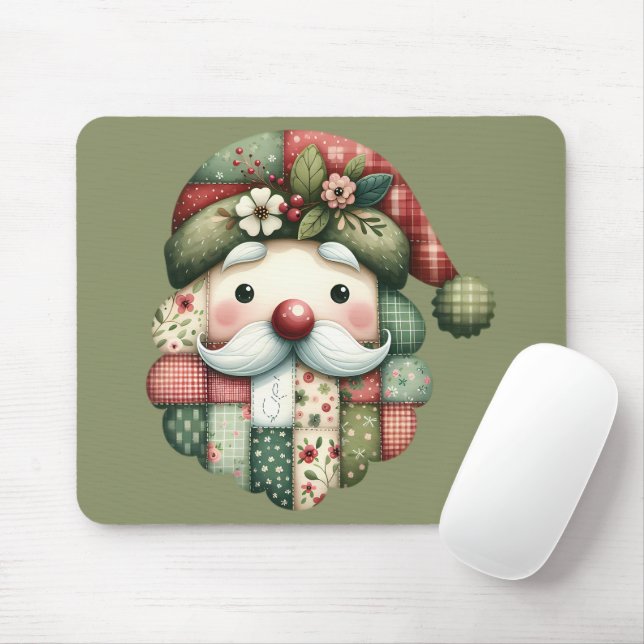 Whimsical Patchwork Santa Folk Christmas Mouse Pad (With Mouse)
