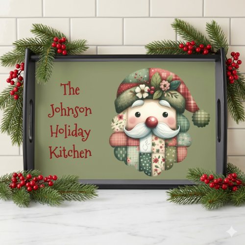 Whimsical Patchwork Santa Folk Christmas Serving Tray