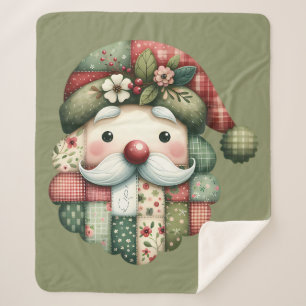 Whimsical Patchwork Santa Folk Christmas Sherpa Blanket