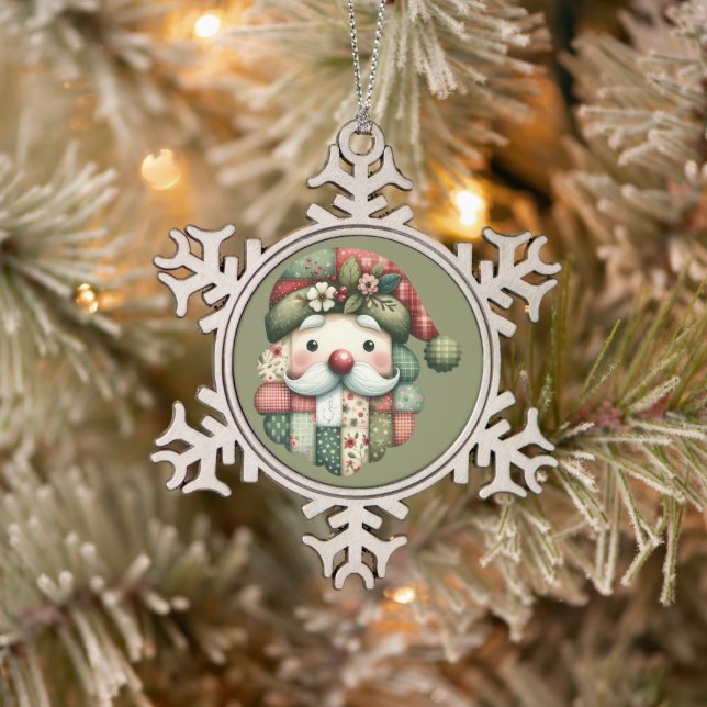 Whimsical Patchwork Santa Folk Christmas Snowflake Pewter Christmas Ornament (Tree)
