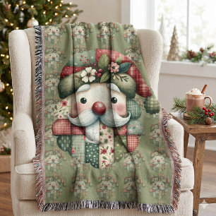 Whimsical Patchwork Santa Folk Christmas Throw Blanket