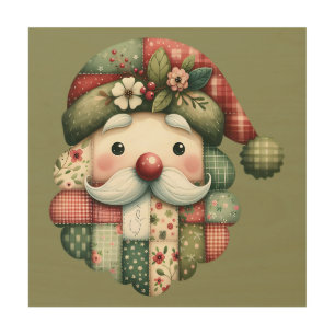 Whimsical Patchwork Santa Folk Christmas Wood Wall Art