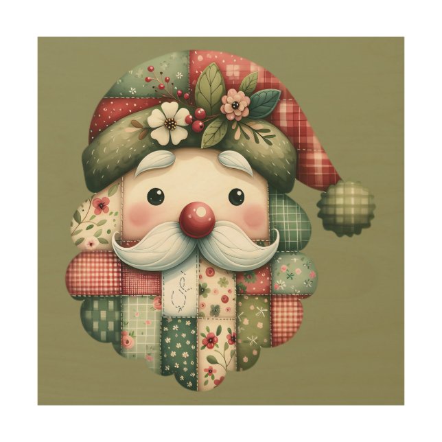 Whimsical Patchwork Santa Folk Christmas Wood Wall Art (Front)