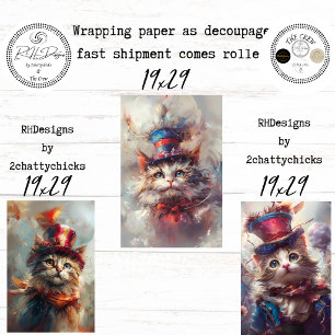 Whimsical Patriotic Fantasy Cat Artwork Decoupage Wrapping Paper Sheets