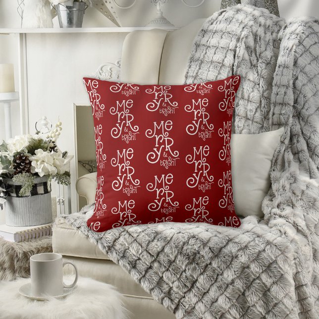 Whimsical Pattern Merry Bright Christmas Berry Red Throw Pillow (Creator Uploaded)