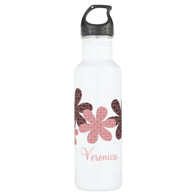 Whimsical Patterned Flowers Bottle, Pink Water Bottle (Front)