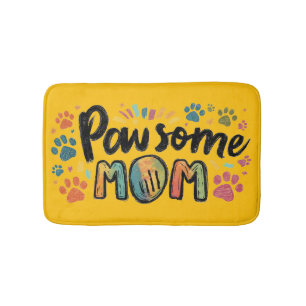 Whimsical "Pawsome MOM" Graphic with Colorful Paws Bath Mat