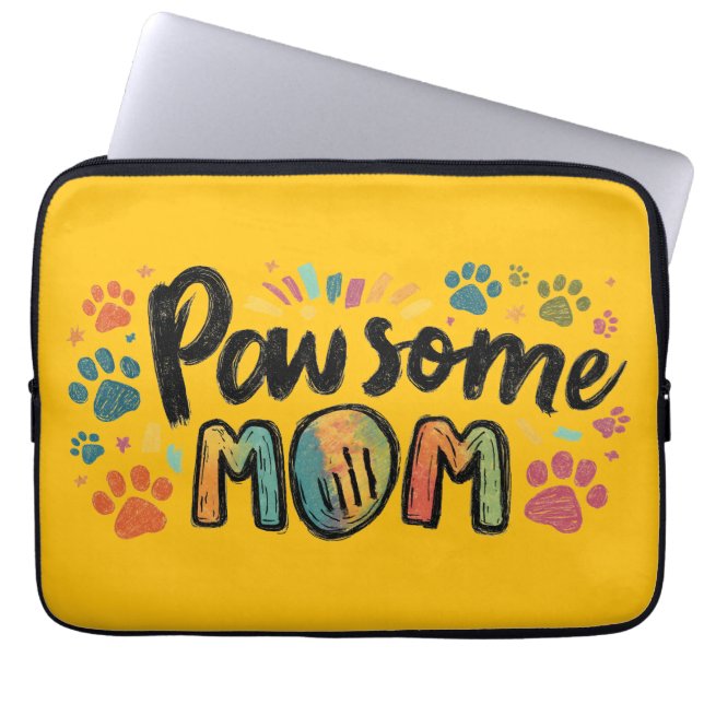 Whimsical "Pawsome MOM" Graphic with Colorful Paws Laptop Sleeve (Front)