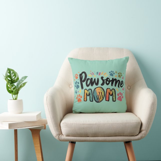 Whimsical "Pawsome MOM" Graphic with Colorful Paws Throw Pillow (Chair)