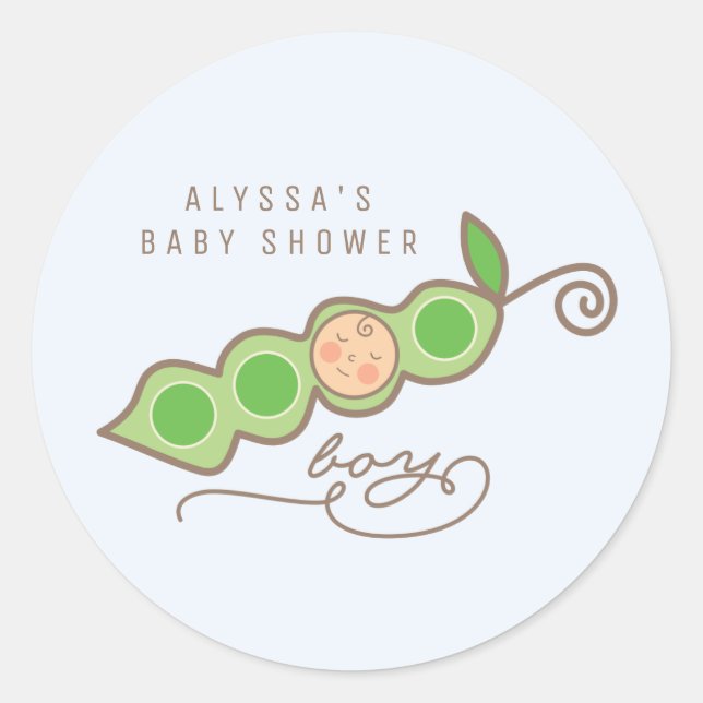Whimsical Pea in a Pod Boy Baby Shower Sticker (Front)