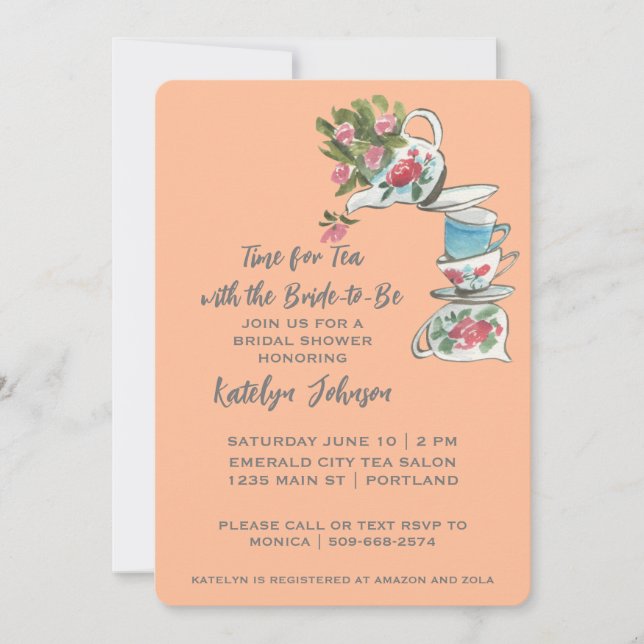 Whimsical Peach Bridal Shower Tea Party Invitation (Front)