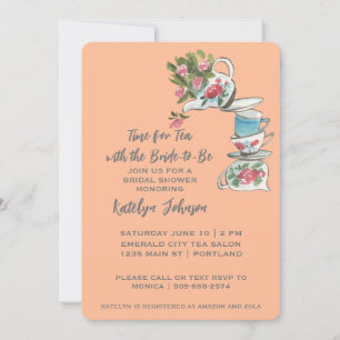 Whimsical Peach Bridal Shower Tea Party Invitation