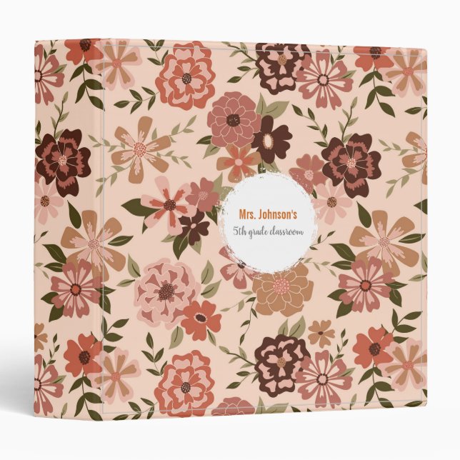 Whimsical Peach Brown Floral Pattern 3 Ring Binder (Front/Spine)