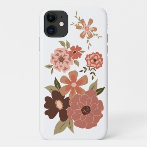 Whimsical Peach Brown Floral Pattern iPhone 11 Case