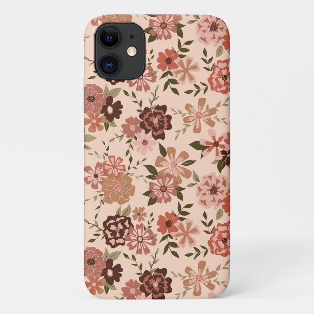 Whimsical Peach Brown Floral Pattern Case-Mate iPhone Case (Back)