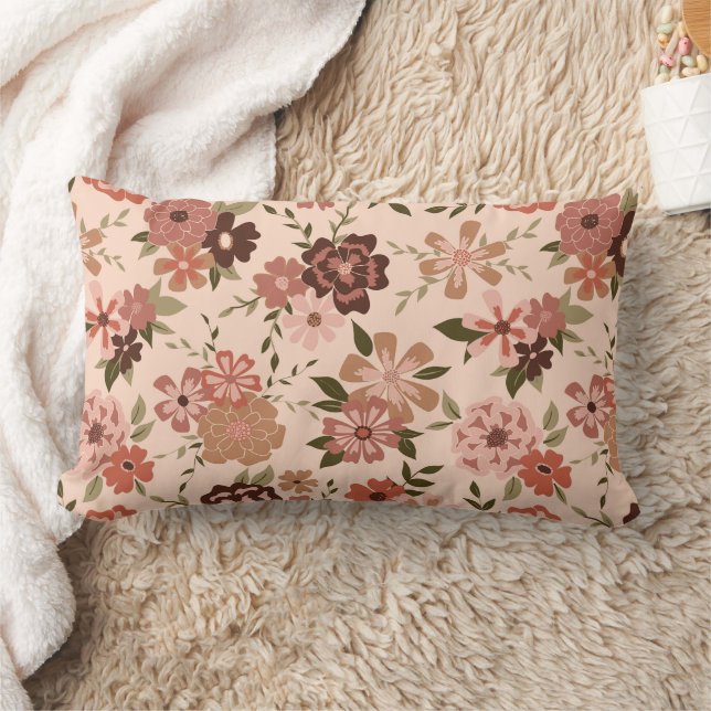 Whimsical Peach Brown Floral Pattern Lumbar Pillow (Blanket)