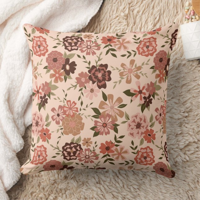 Whimsical Peach Brown Floral Pattern Throw Pillow (Blanket)