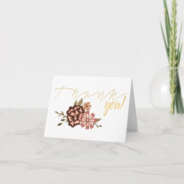 Whimsical Peach Brown Floral Thank You Card (Front)