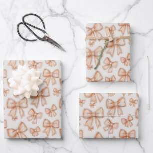 Whimsical Peach Coquette Bows New Baby Shower Wrapping Paper Sheets
